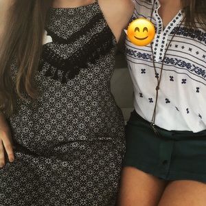 Black Patterned Dress with Fringe Detail